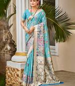 blue cottan silk blend with meena woven work traditional saree