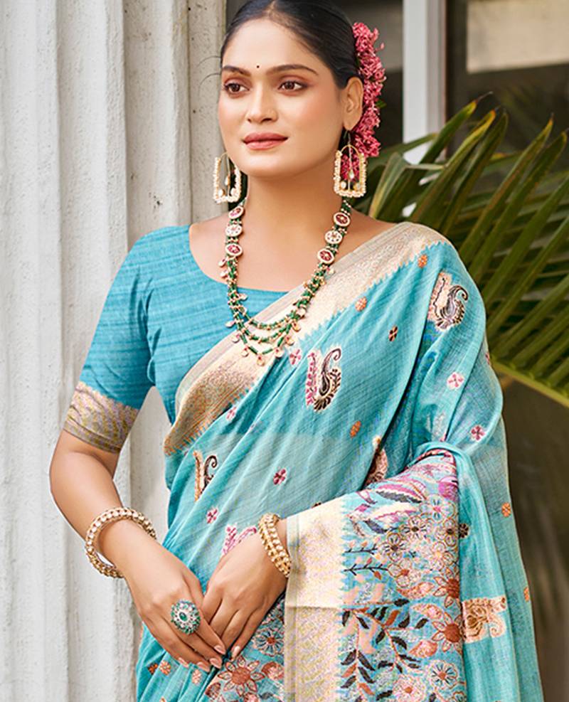 blue cottan silk blend with meena woven work traditional saree