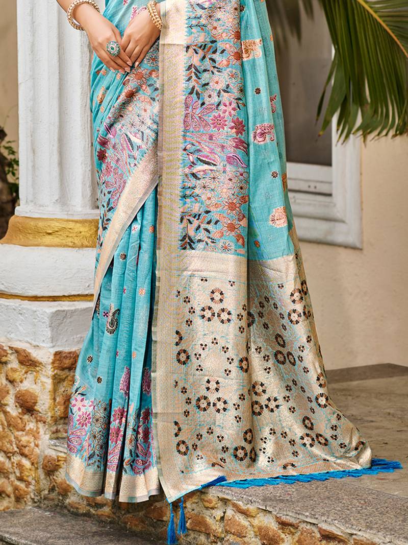blue cottan silk blend with meena woven work traditional saree