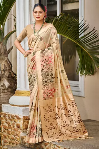 beige cottan silk blend with meena woven work traditional saree