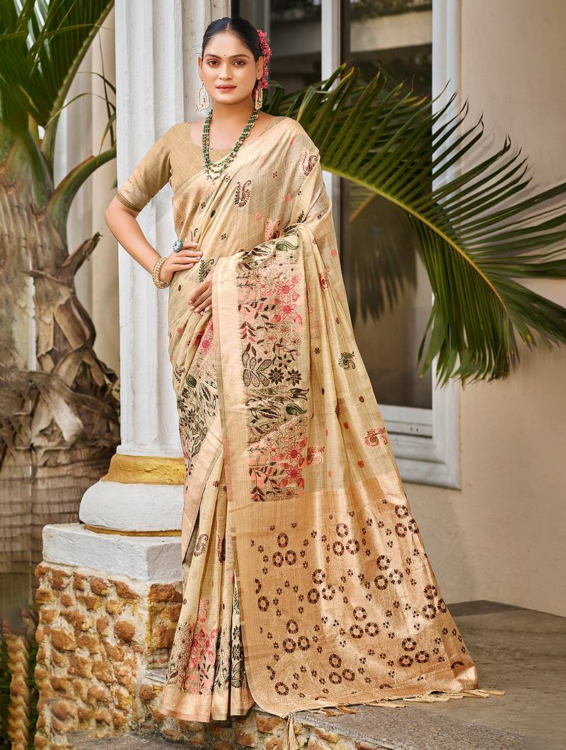 beige cottan silk blend with meena woven work traditional saree