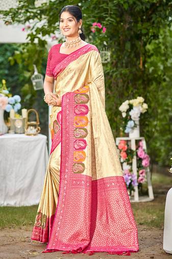 pink silk blend woven work traditional saree