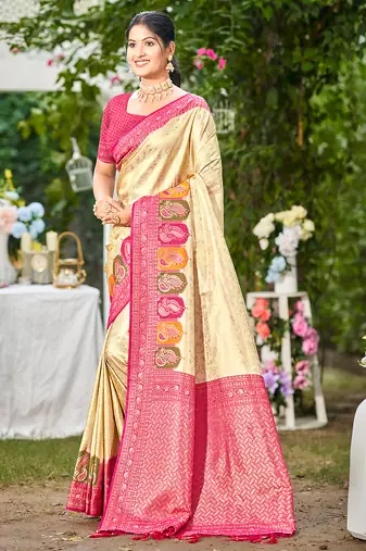 pink silk blend woven work traditional saree