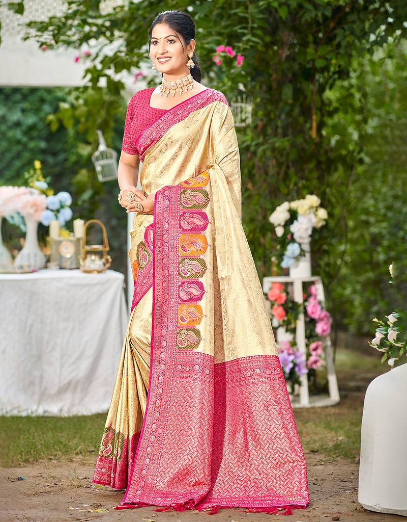 pink silk blend woven work traditional saree