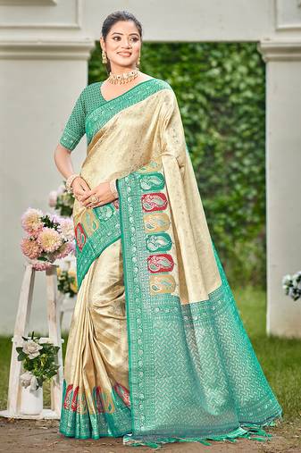 turquoise silk blend woven work traditional saree
