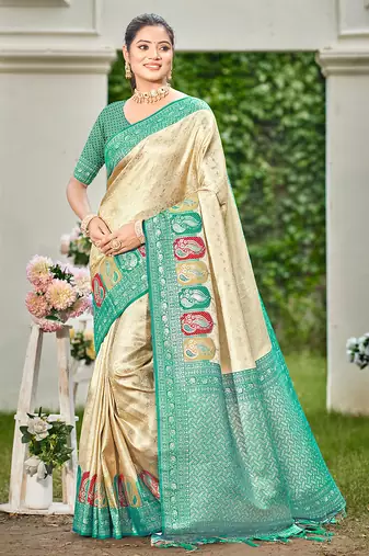 turquoise silk blend woven work traditional saree