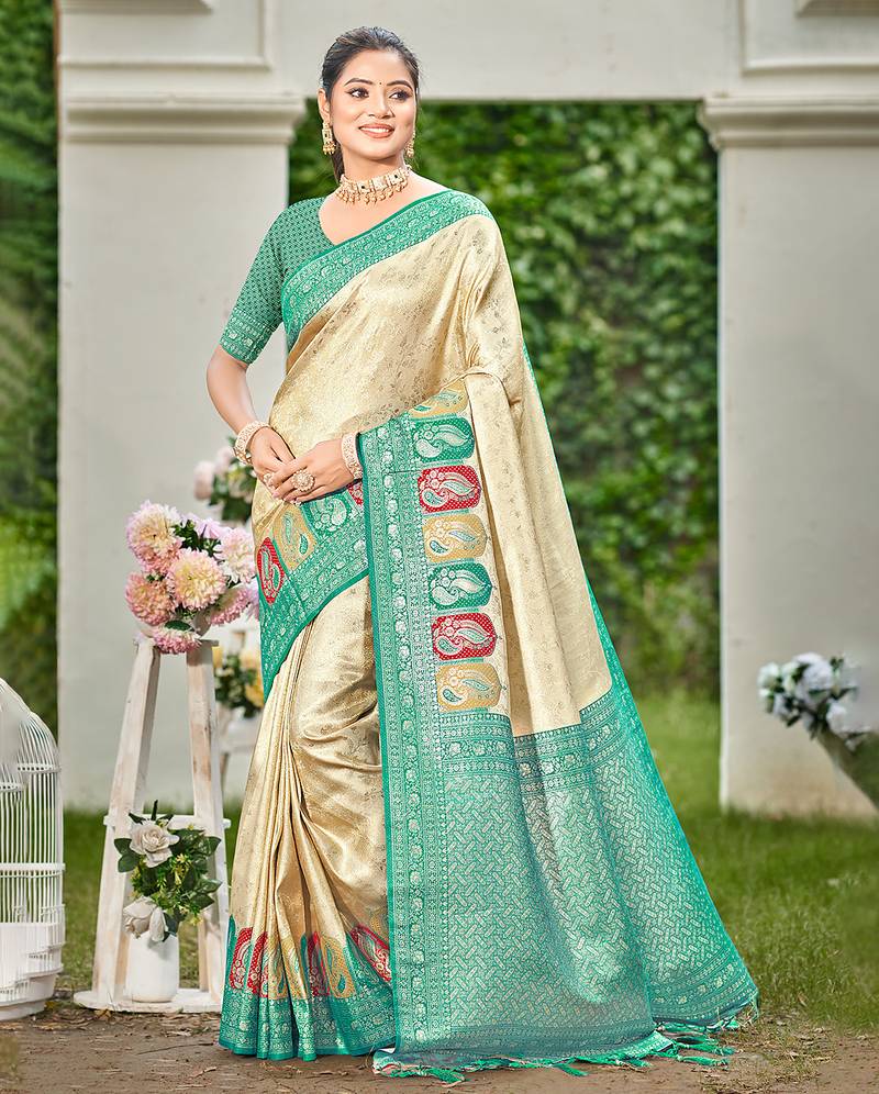 turquoise silk blend woven work traditional saree