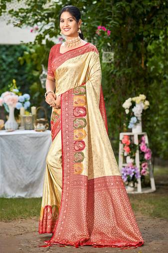 red silk blend woven work traditional saree