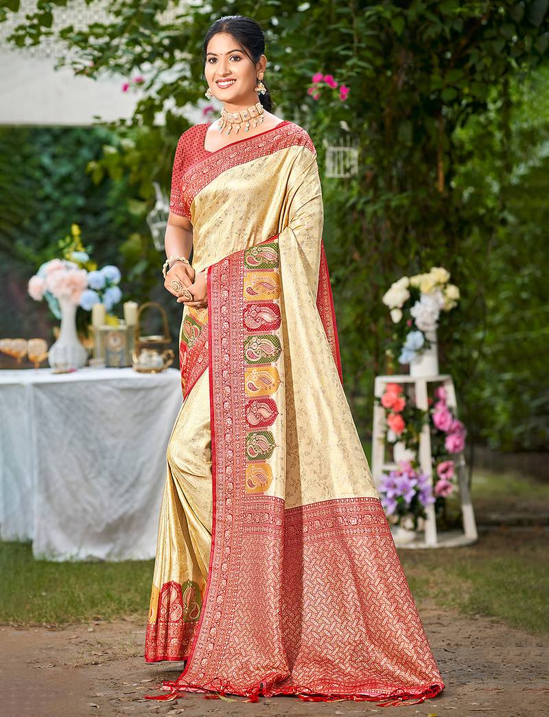 red silk blend woven work traditional saree