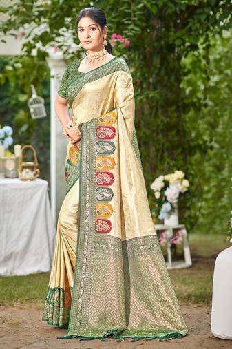 green silk blend woven work traditional saree