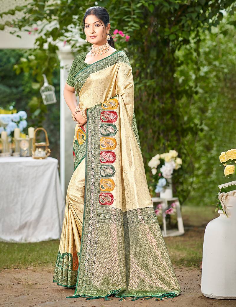 green silk blend woven work traditional saree