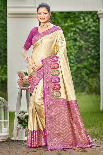 rani pink silk blend woven work traditional saree