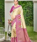 rani pink silk blend woven work traditional saree