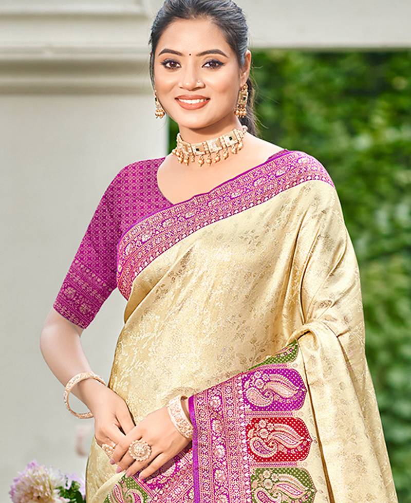 rani pink silk blend woven work traditional saree