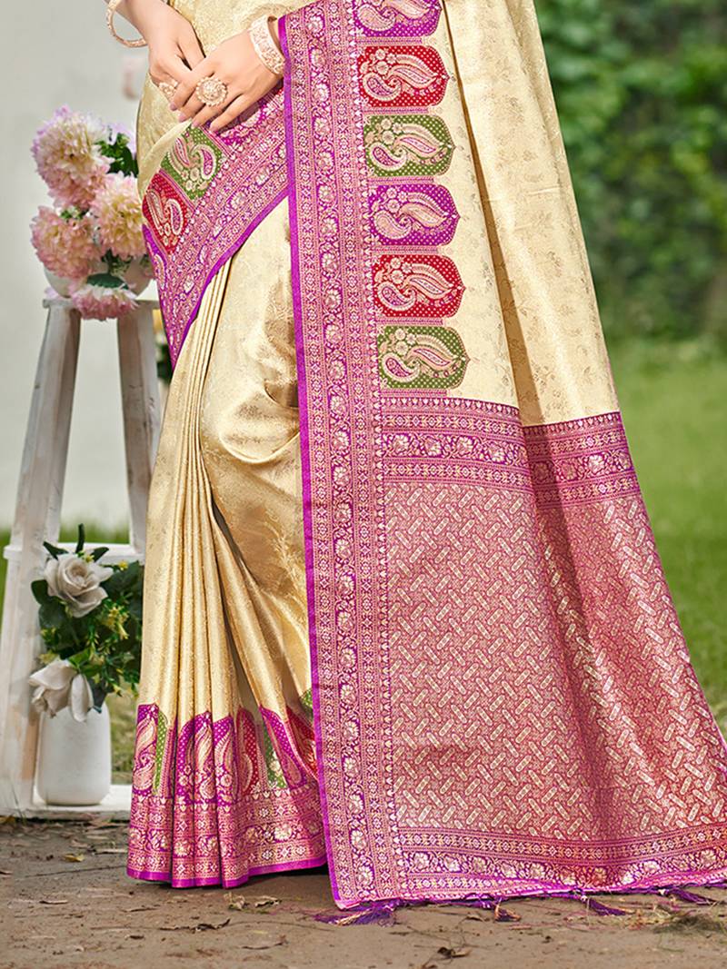 rani pink silk blend woven work traditional saree