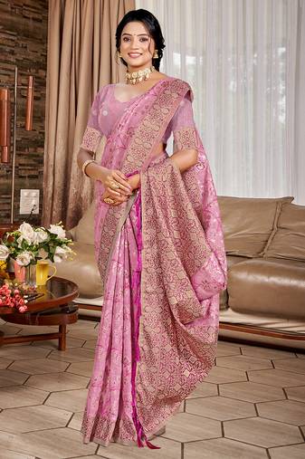 pink cottan silk blend with meena woven work traditional saree