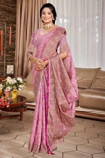 pink cottan silk blend with meena woven work traditional saree