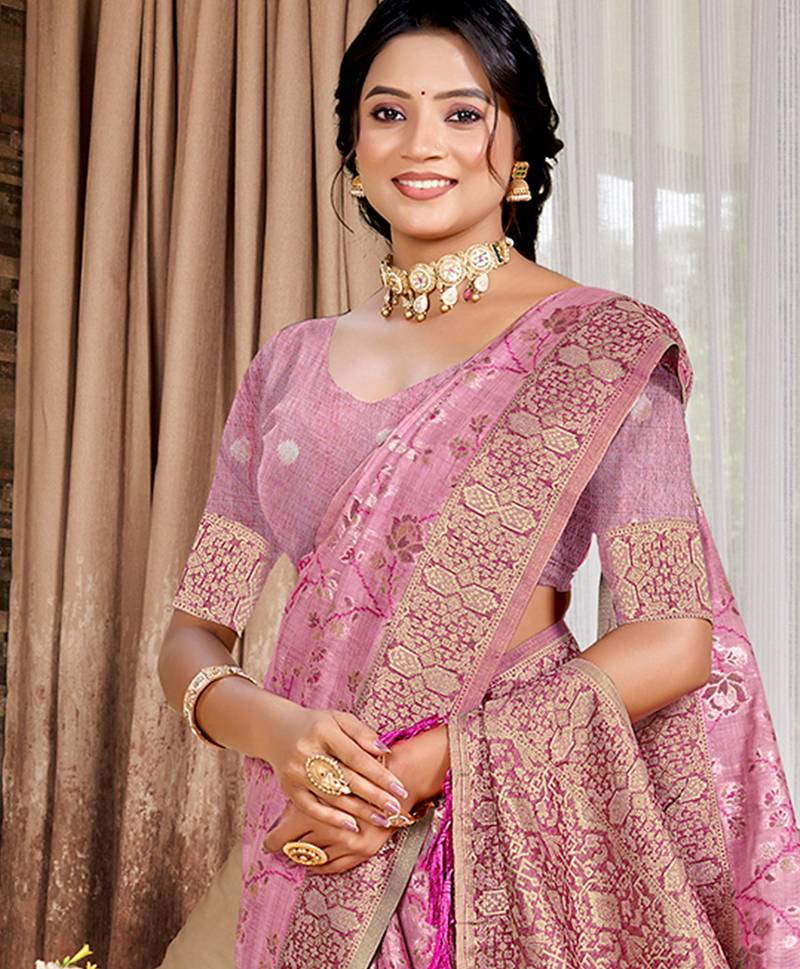 pink cottan silk blend with meena woven work traditional saree