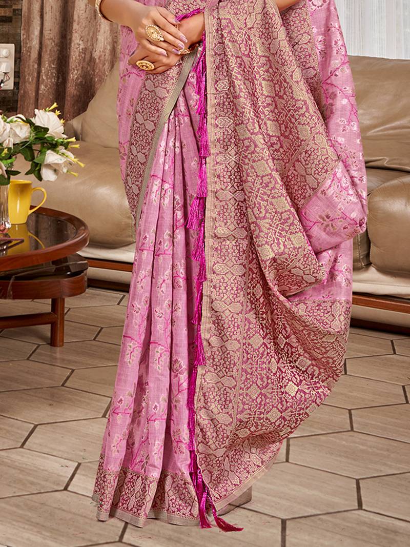 pink cottan silk blend with meena woven work traditional saree