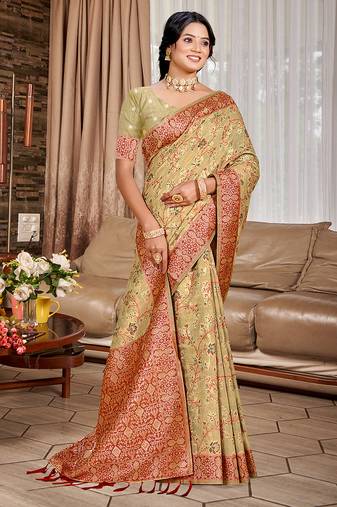 beige cottan silk blend with meena woven work traditional saree