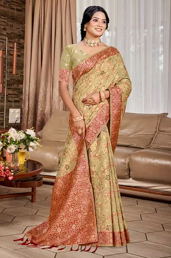 beige cottan silk blend with meena woven work traditional saree