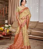 beige cottan silk blend with meena woven work traditional saree