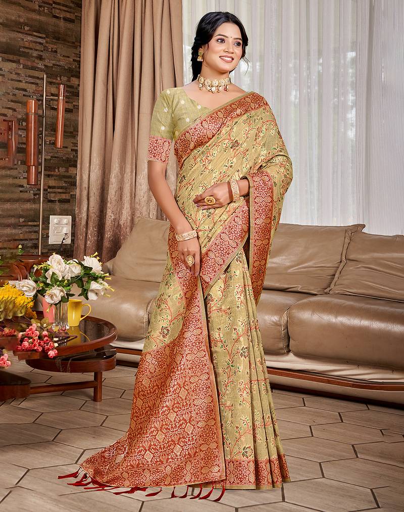 beige cottan silk blend with meena woven work traditional saree