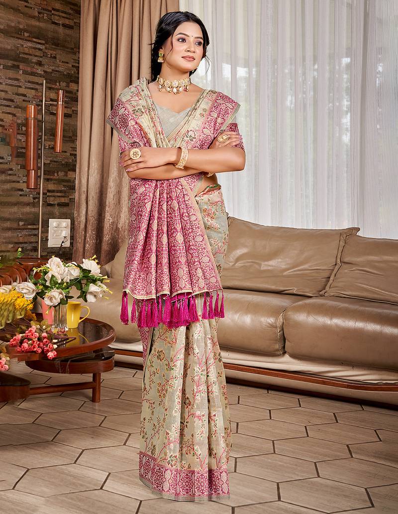 gray cottan silk blend with meena woven work traditional saree