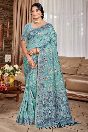 sky blue cottan silk blend with meena woven work traditional saree