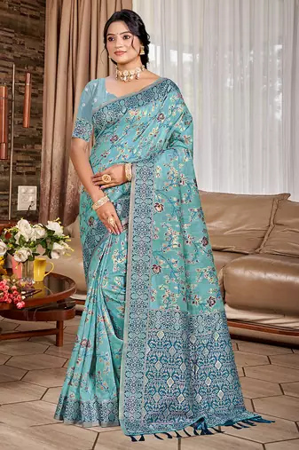 sky blue cottan silk blend with meena woven work traditional saree