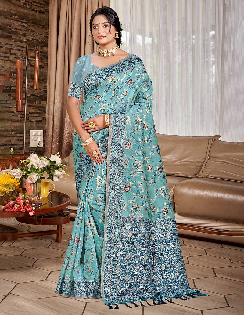 sky blue cottan silk blend with meena woven work traditional saree