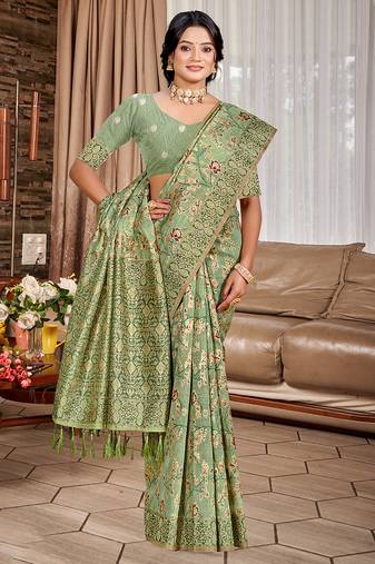 green cottan silk blend with meena woven work traditional saree
