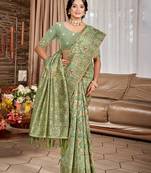 green cottan silk blend with meena woven work traditional saree