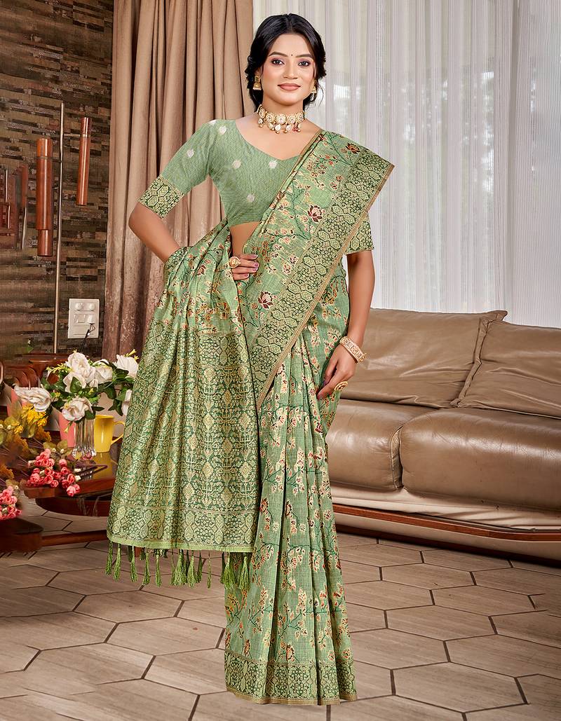 green cottan silk blend with meena woven work traditional saree