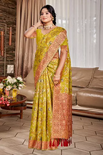 yellow cottan silk blend with meena woven work traditional saree