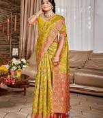 yellow cottan silk blend with meena woven work traditional saree