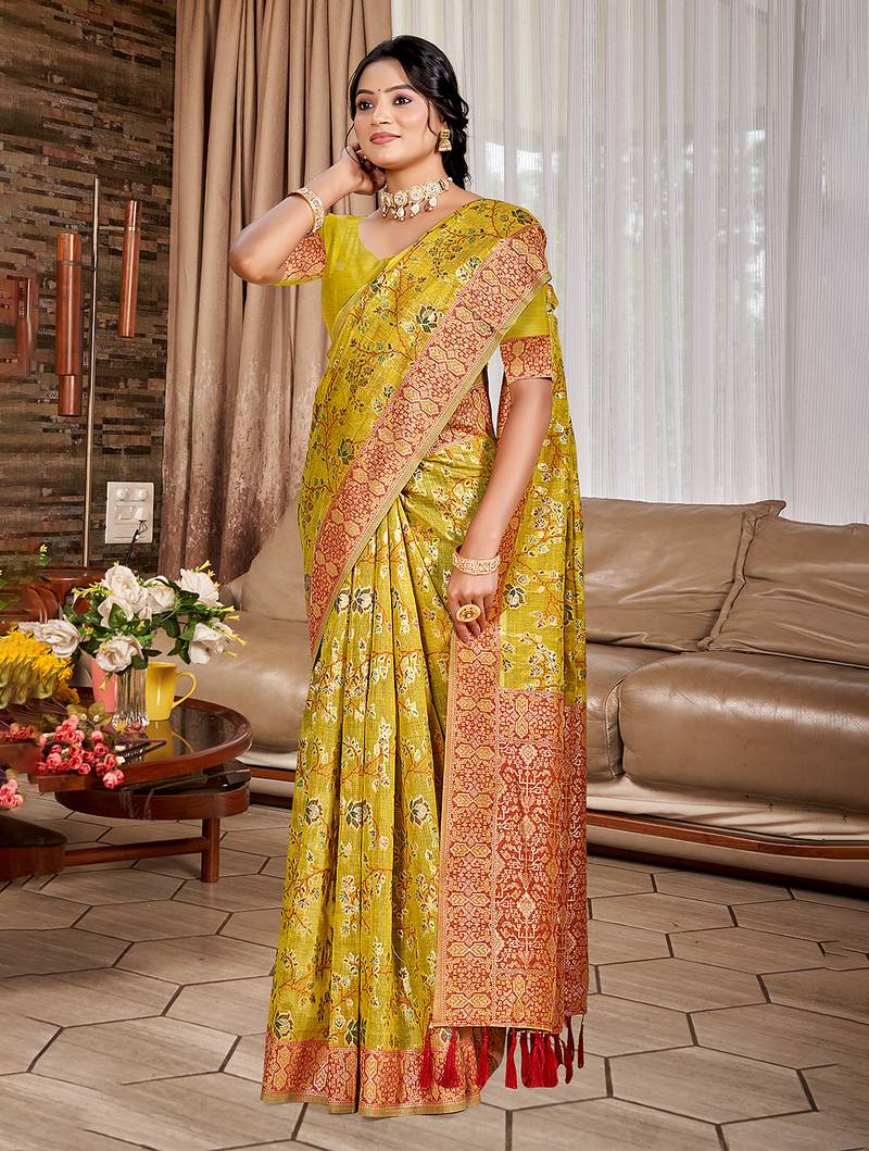 yellow cottan silk blend with meena woven work traditional saree