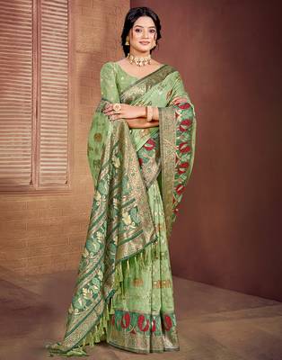 light green cottan silk blend with meena woven work traditional saree 1