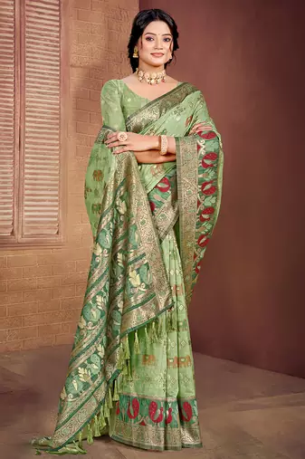 light green cottan silk blend with meena woven work traditional saree
