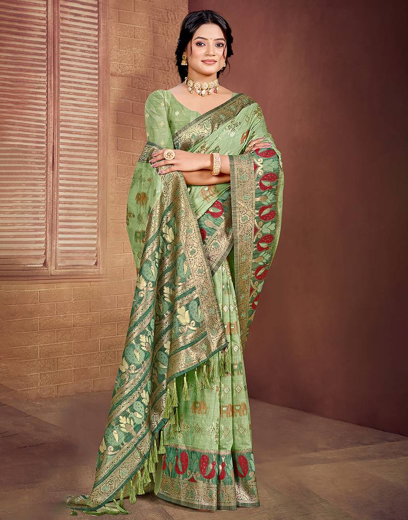 light green cottan silk blend with meena woven work traditional saree