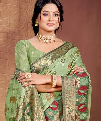 light green cottan silk blend with meena woven work traditional saree 2
