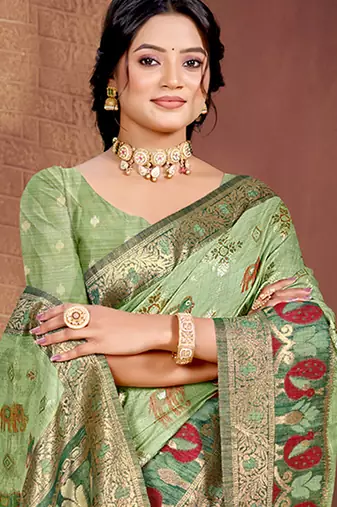 light green cottan silk blend with meena woven work traditional saree