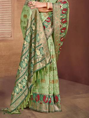 light green cottan silk blend with meena woven work traditional saree 3