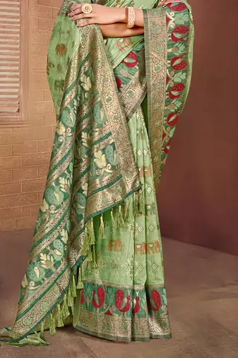 light green cottan silk blend with meena woven work traditional saree