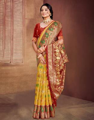 yellow cottan silk blend with meena woven work traditional saree 1
