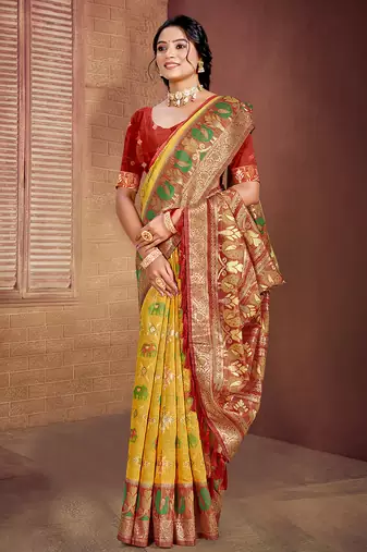 yellow cottan silk blend with meena woven work traditional saree