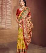 yellow cottan silk blend with meena woven work traditional saree