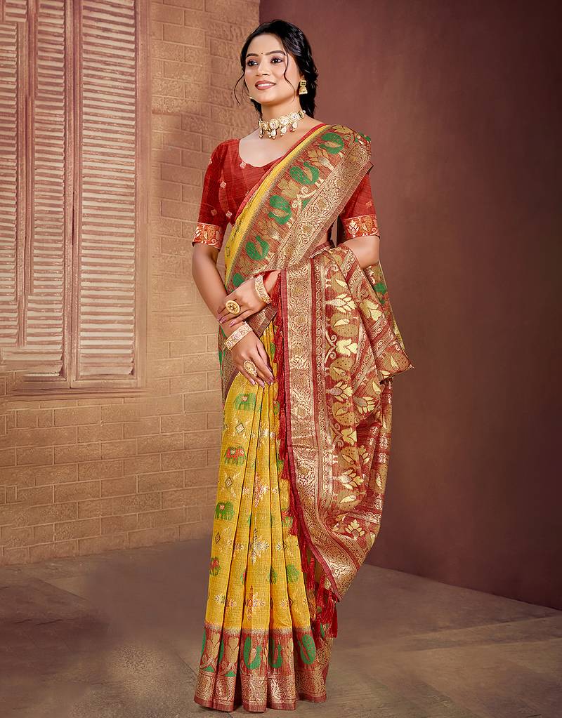 yellow cottan silk blend with meena woven work traditional saree