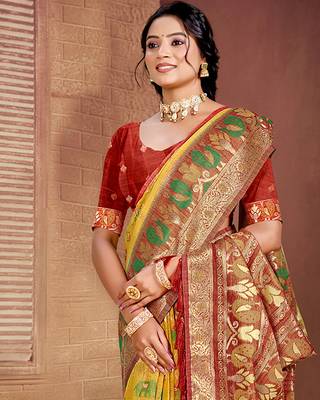 yellow cottan silk blend with meena woven work traditional saree 2