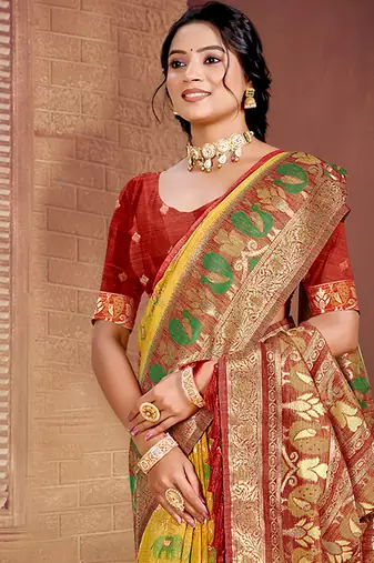 yellow cottan silk blend with meena woven work traditional saree